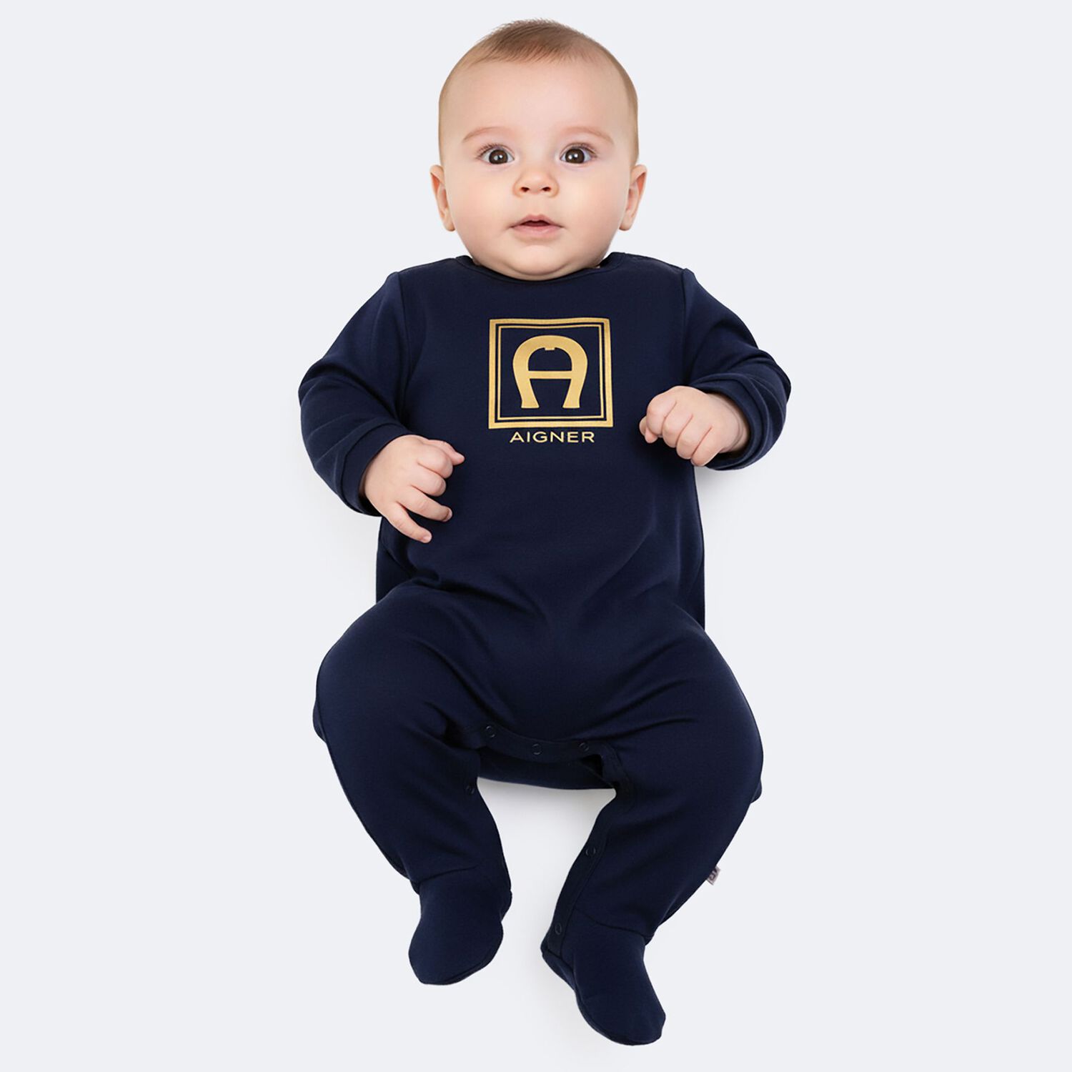 Baby Boys Navy Blue & Gold Logo Babygrow, 2, hi-res