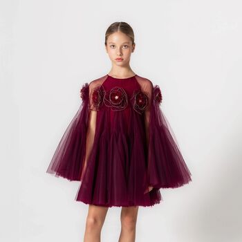 Girls Maroon Flower Cape Tulle Dress