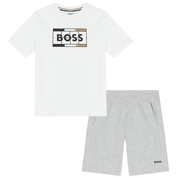 Boys White & Grey Logo Shorts & T-Shirt Set