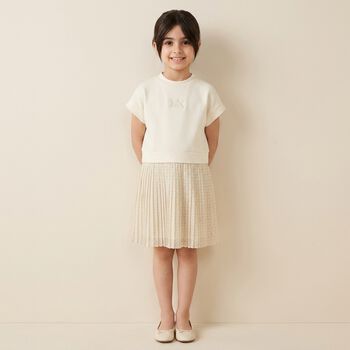 Girls Beige Logo Pleated Dress