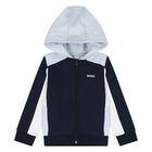 Younger Boys Navy Blue, White & Blue Hooded Zip Up Top, 3, hi-res
