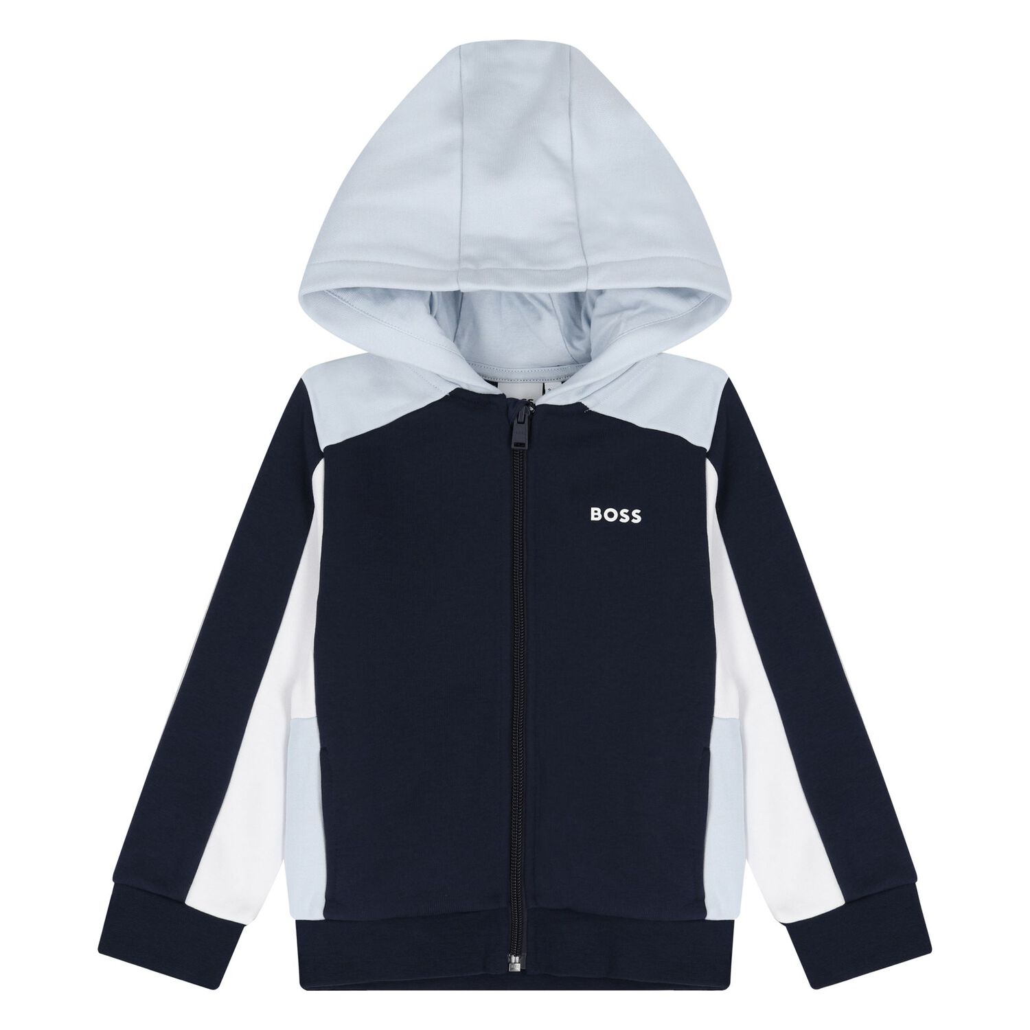 Younger Boys Navy Blue, White & Blue Hooded Zip Up Top, 3, hi-res