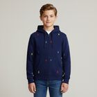 Boys Navy Blue Logo Hooded Zip Up Top, 1, hi-res