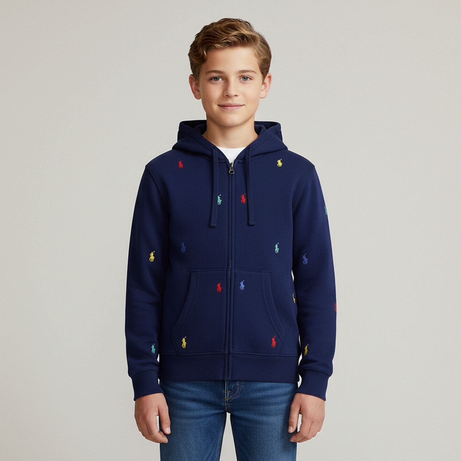 Boys Navy Blue Logo Hooded Zip Up Top, 1, hi-res image number null