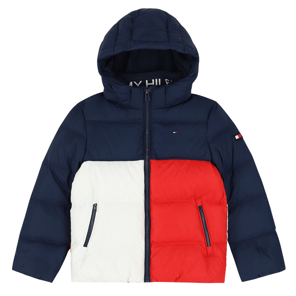 Tommy Hilfiger Boys Navy, Red u0026 White Logo Hooded Puffer Jacket | Junior  Couture USA