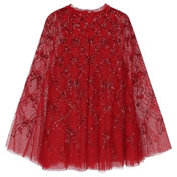Girls Red Bow Lattice Sequin Cape Dress