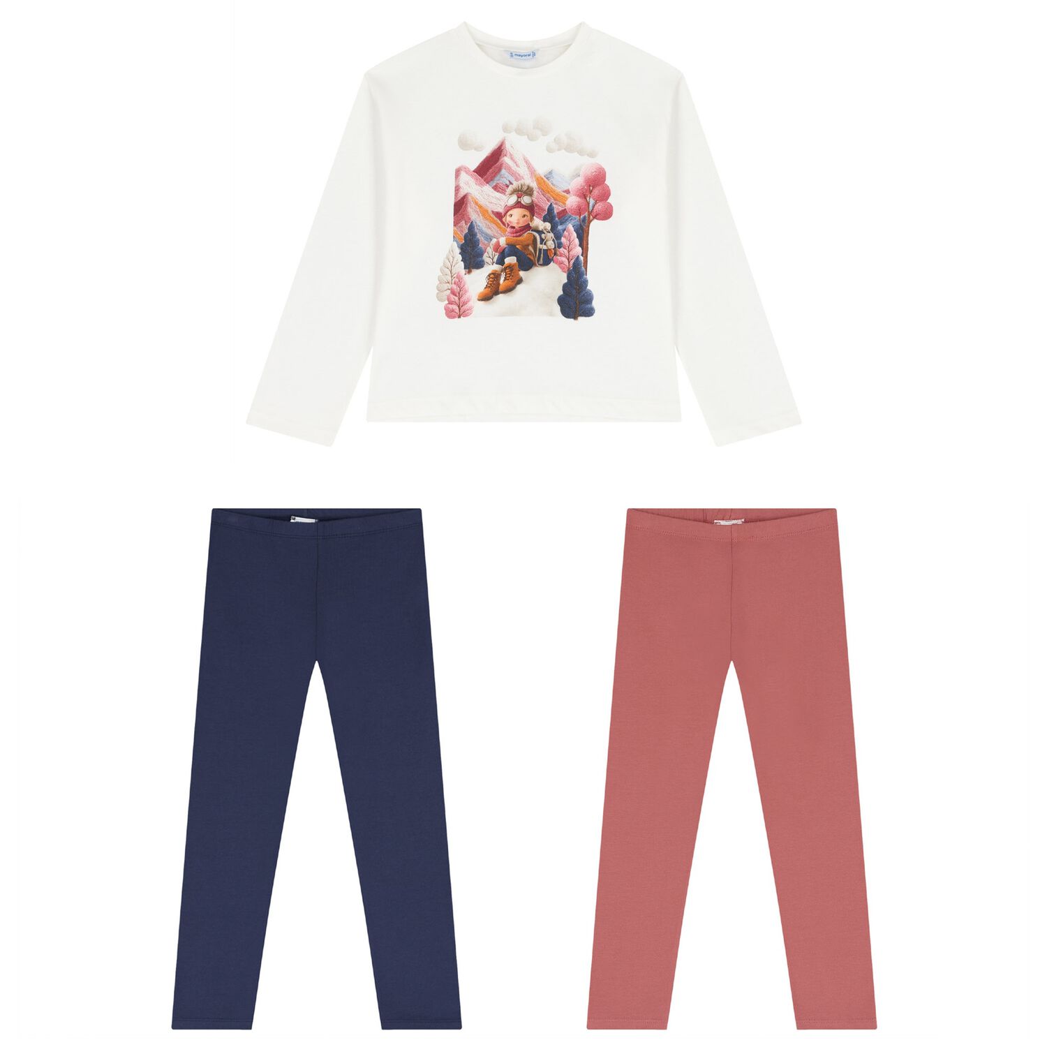 Girls White, Pink & Navy Blue Leggings Set, 2, hi-res
