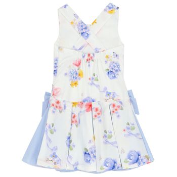 فستان بنات بالزهور باللون الأبيض والأزرق