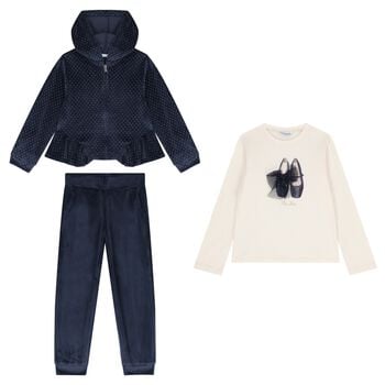 Girls Navy Blue Velour Tracksuit Set  ( 3 Piece )