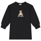 Girls Black Teddy Bear Logo Swearshirt Dress, 4, hi-res