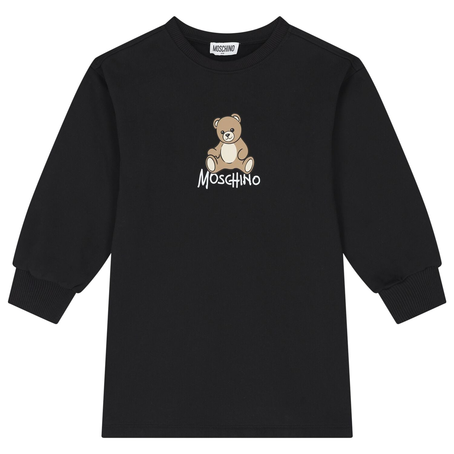 Girls Black Teddy Bear Logo Swearshirt Dress, 4, hi-res