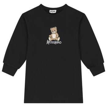 Girls Black Teddy Bear Logo Swearshirt Dress