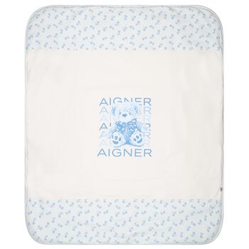 Baby Boys White & Blue Teddy Bear Logo Blanket 