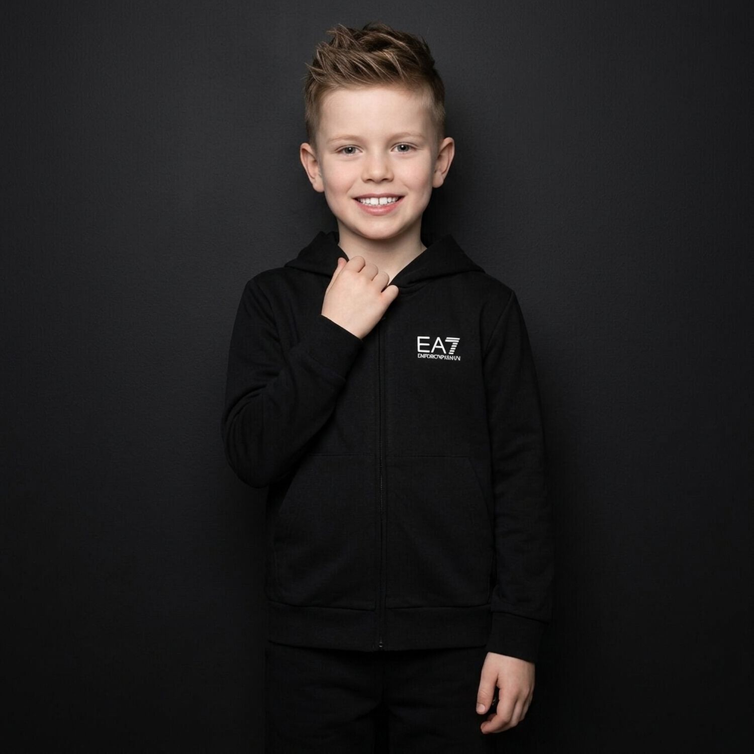 Boys Black Logo Hooded Zip Up Top, 3, hi-res