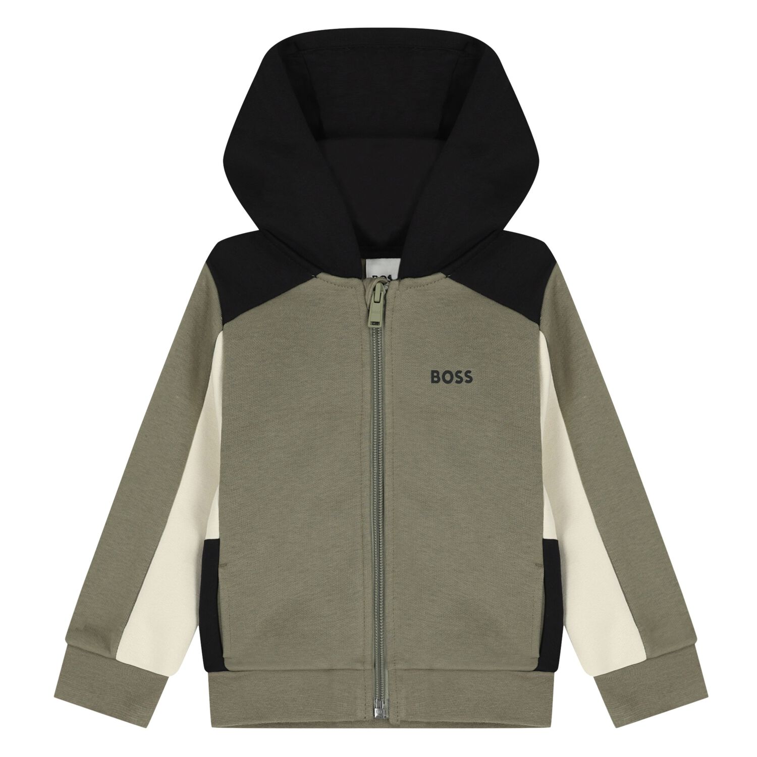 Younger Boys Green, Ivory & Black Hooded Zip Up Top, 2, hi-res