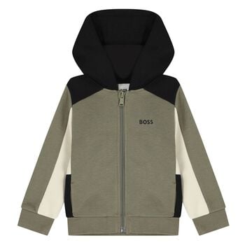 Younger Boys Green, Ivory & Black Hooded Zip Up Top