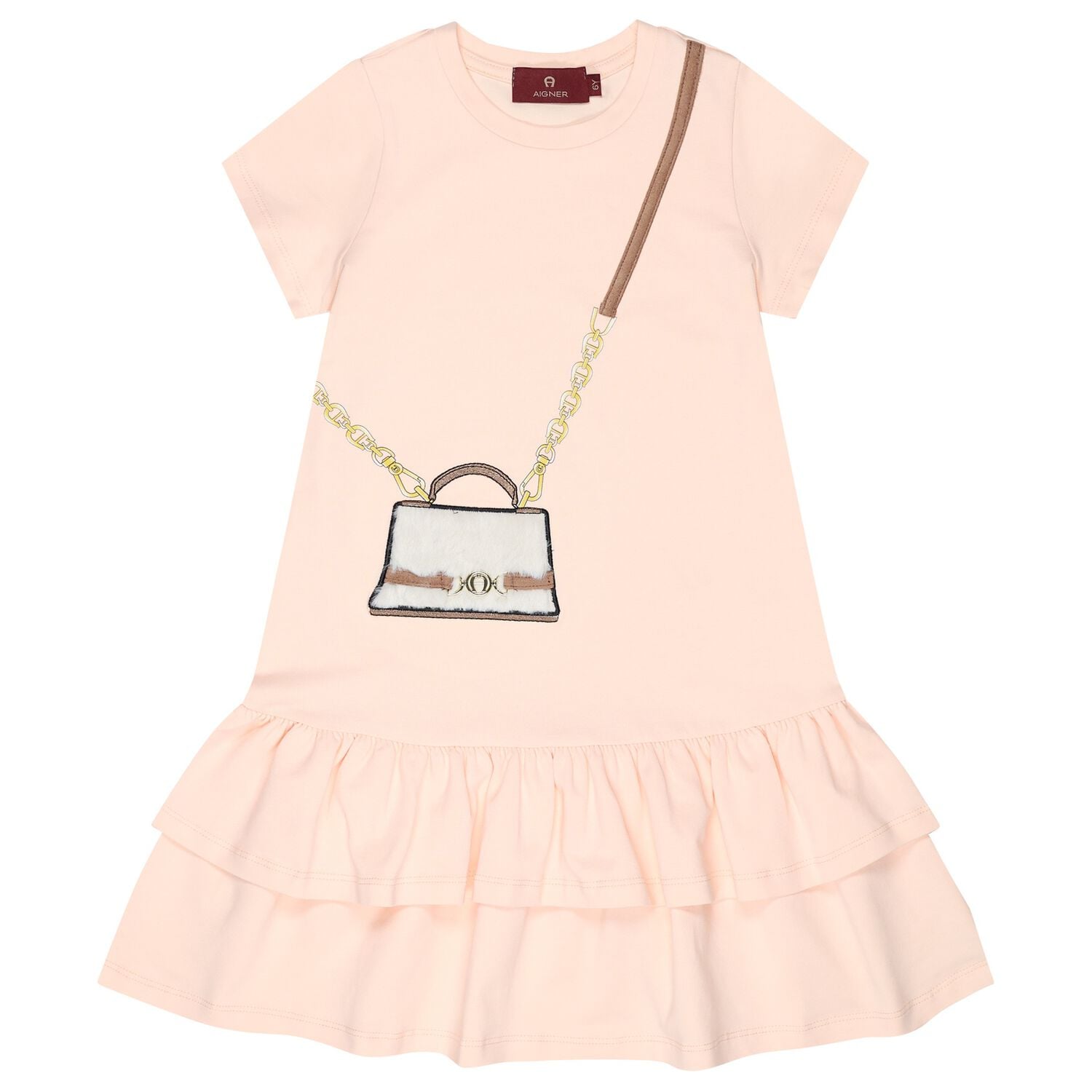 Girls Pink Faux Fur Bag Logo Dress, 2, hi-res