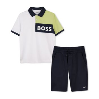 Boys White  & Navy Blue Logo Shorts Set