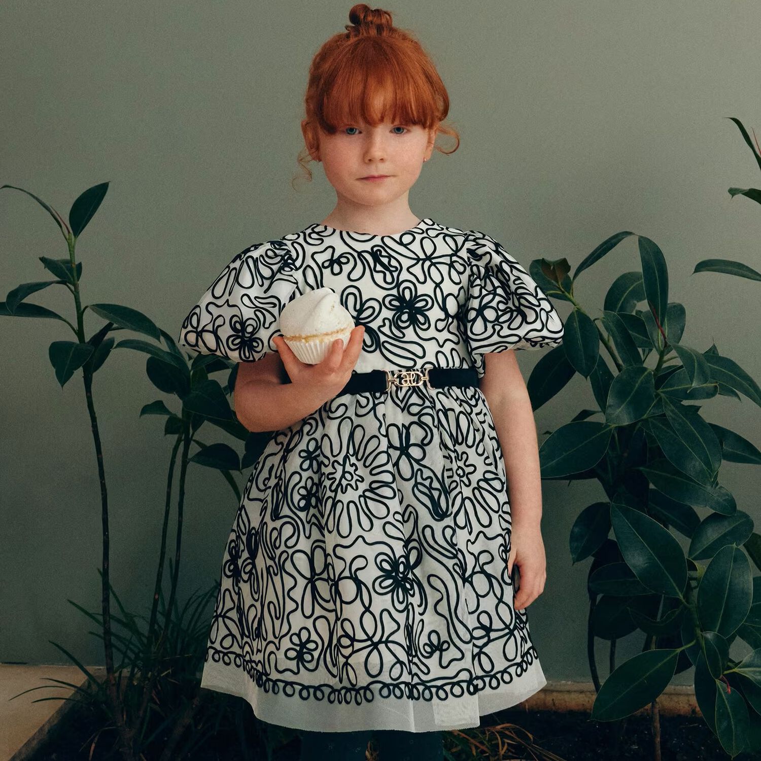 Girls Ivory & Black Ribbon Floral Tulle Dress, 1, hi-res