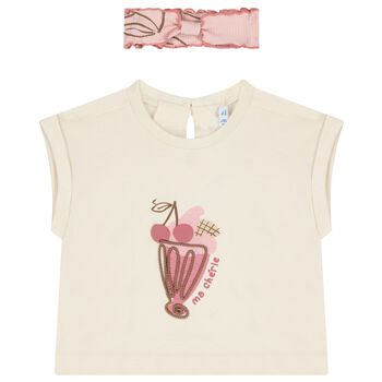Younger Girls Ivory & Pink Cherry T-Shirt Set