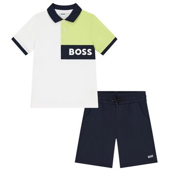 Boys White  & Navy Blue Logo Shorts Set