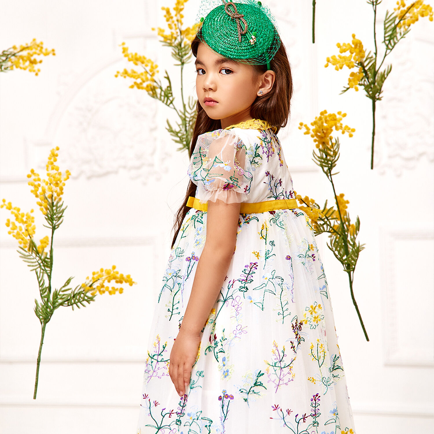 Girls White & Yellow Floral Tulle Dress, 1, hi-res image number null