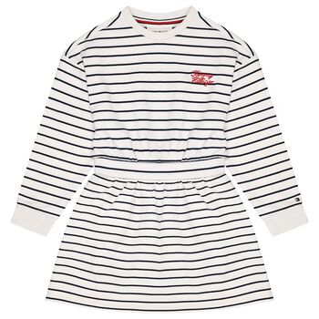 Girls Ivory & Navy Blue Striped Logo Dress