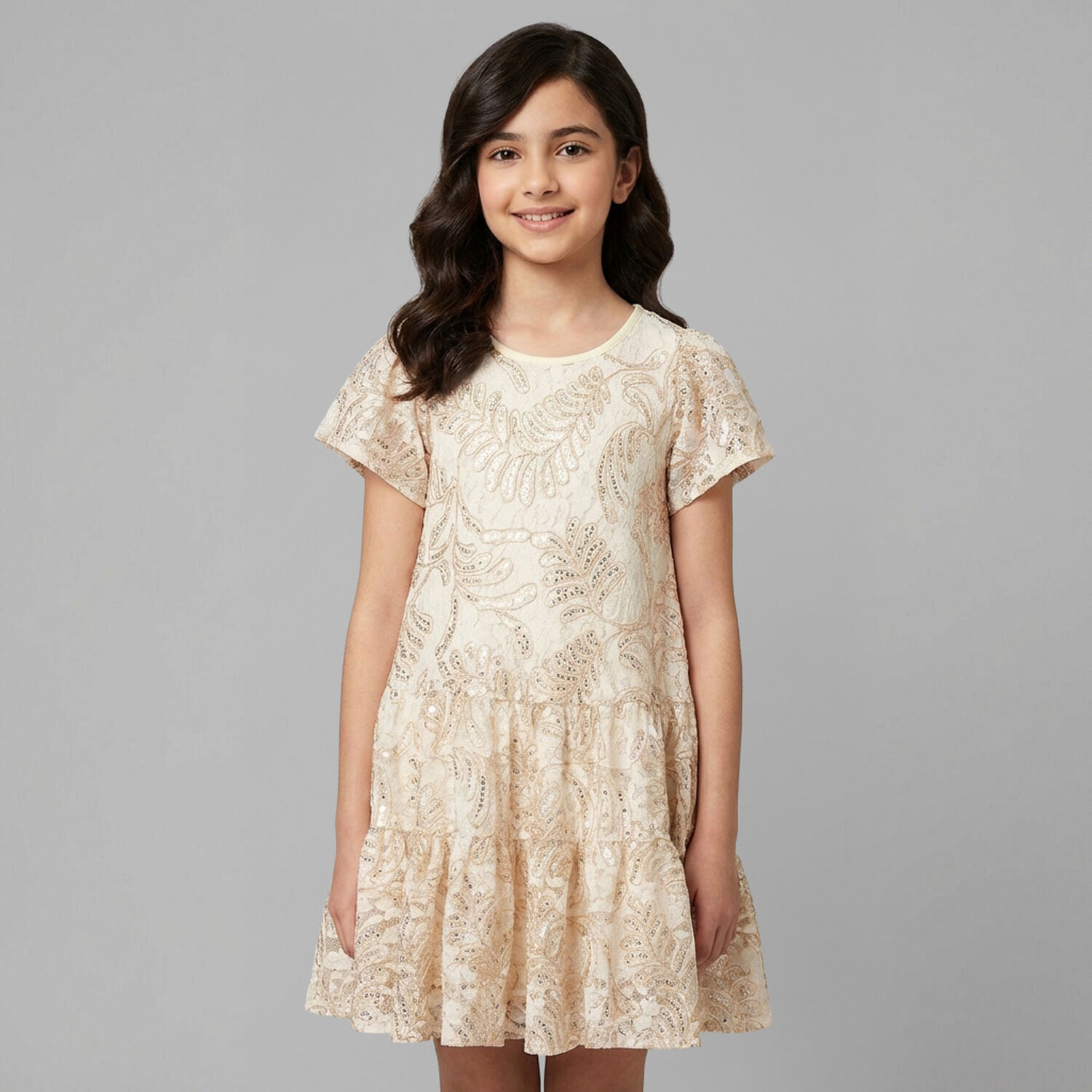 Girls Beige & Gold Lace Dress, 1, hi-res