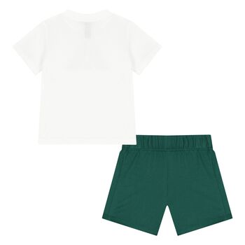 Younger Boys White & Green Logo Shorts Set