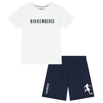 Boys White & Navy Blue Logo Shorts Set
