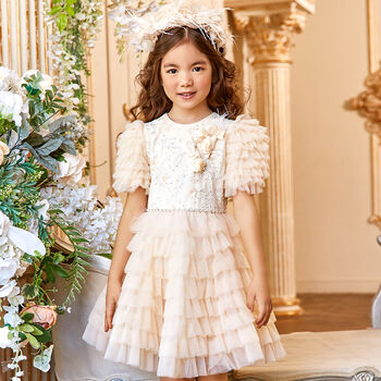 Girls Ivory & White Floral Tulle Dress