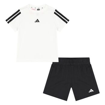 Younger Boys White & Black Logo Shorts Set