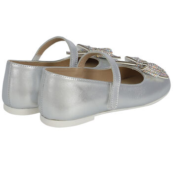 Girls Silver Diamante Bow Shoes