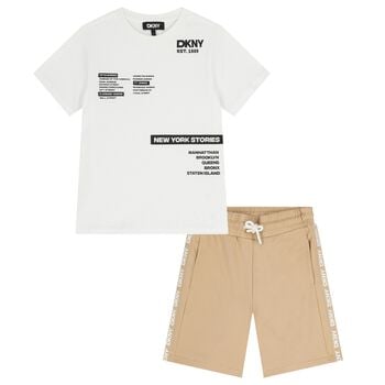 Boys White & Beige Logo Shorts Set