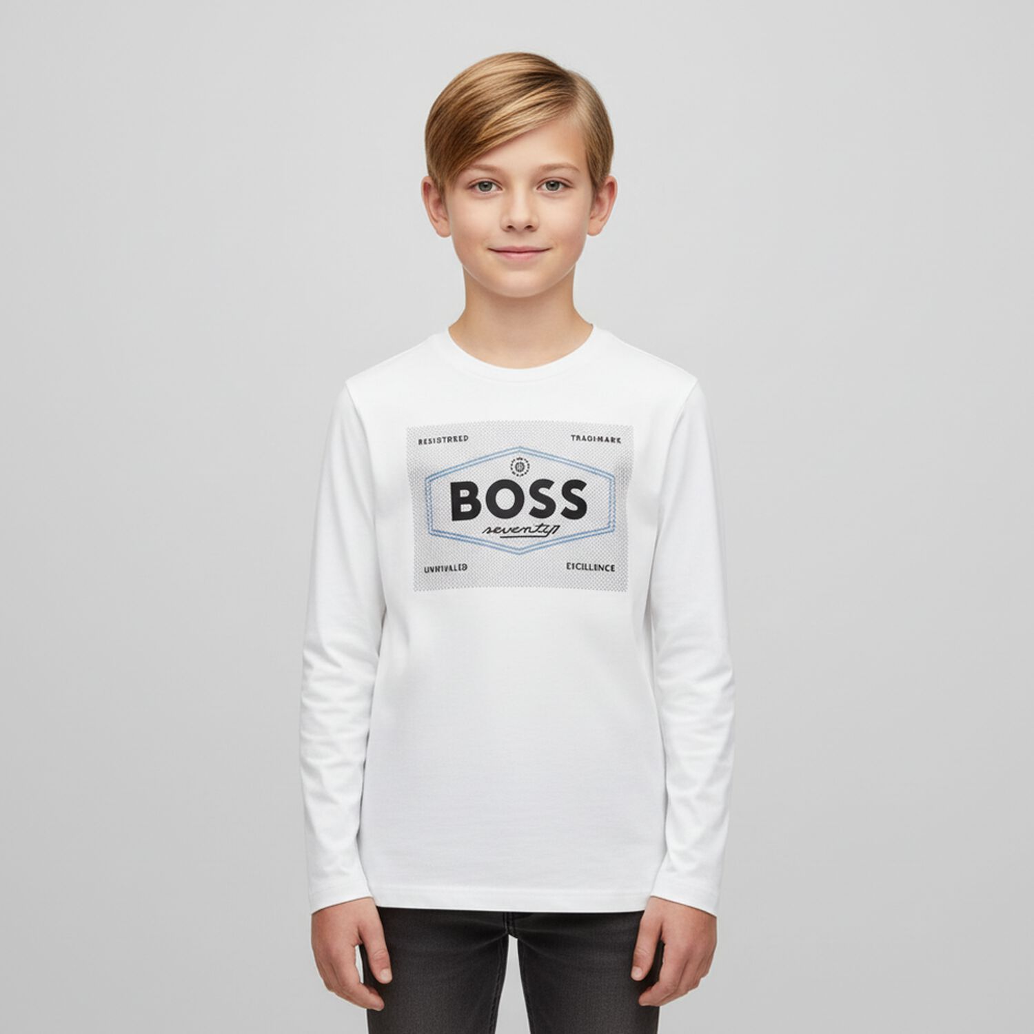 Boys White Logo Long Sleeve Top, 3, hi-res