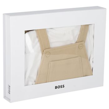 Baby Boys Beige & White Logo Dungaree Set
