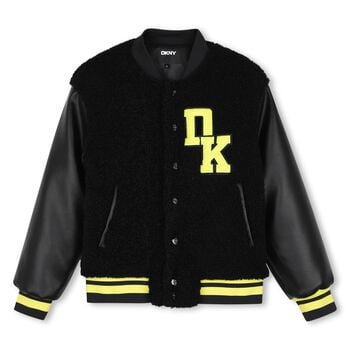Boys Mini Me Black Faux Shearling Varsity Jacket