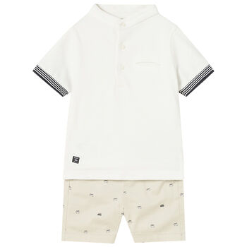 Younger Boys White & Beige Polo & Shorts Set