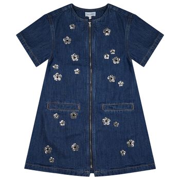 Girls Blue Denim Sequinned Floral Dress