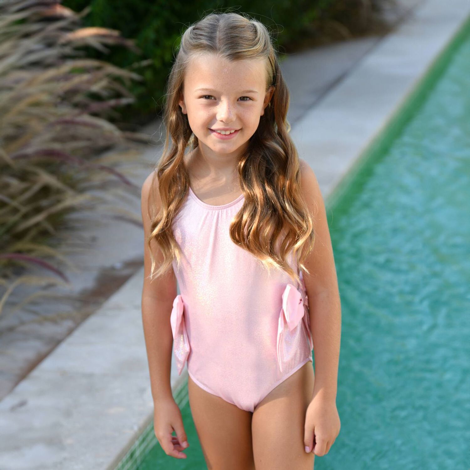 Girls Pink Iridescent Shimmer Swimsuit, 1, hi-res