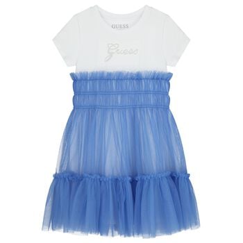 Girls White & Blue Logo Tulle Dress
