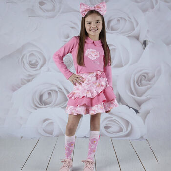 Girls Pink Floral Skirt Set