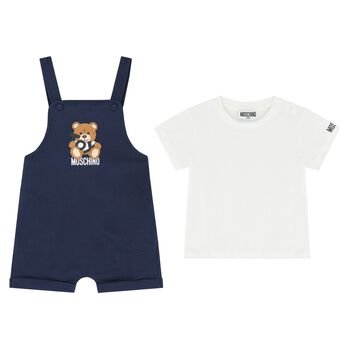 Younger White & Navy Blue Teddy Bear Logo Dungaree Set