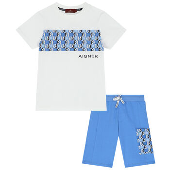Boys White & Blue Logo Shorts Set