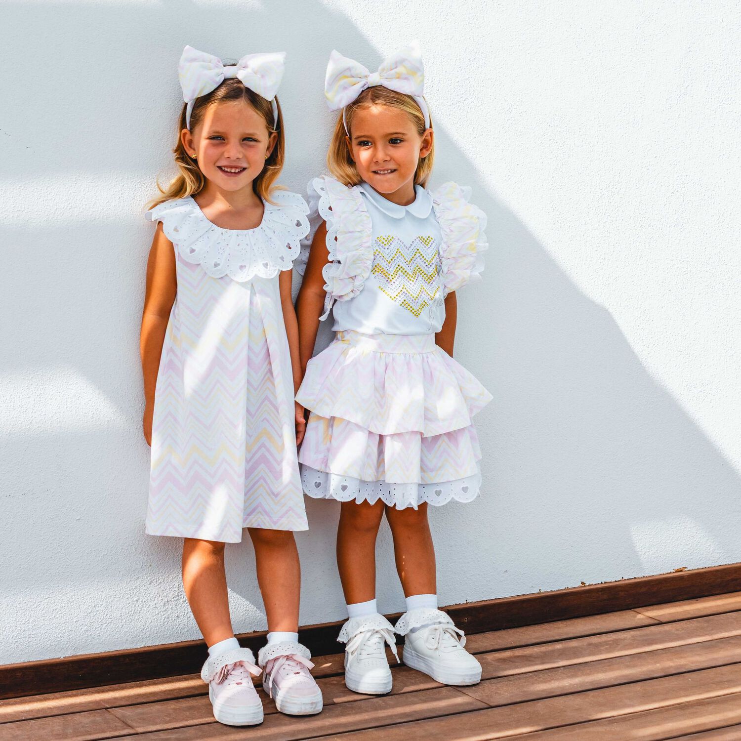 Girls White & Yellow Zig Zag Striped Dress, 1, hi-res