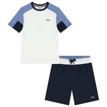 Boys White & Navy Blue Logo Shorts Set