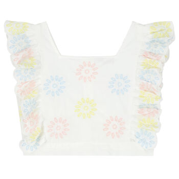 Girls White Embroidered Flower Top