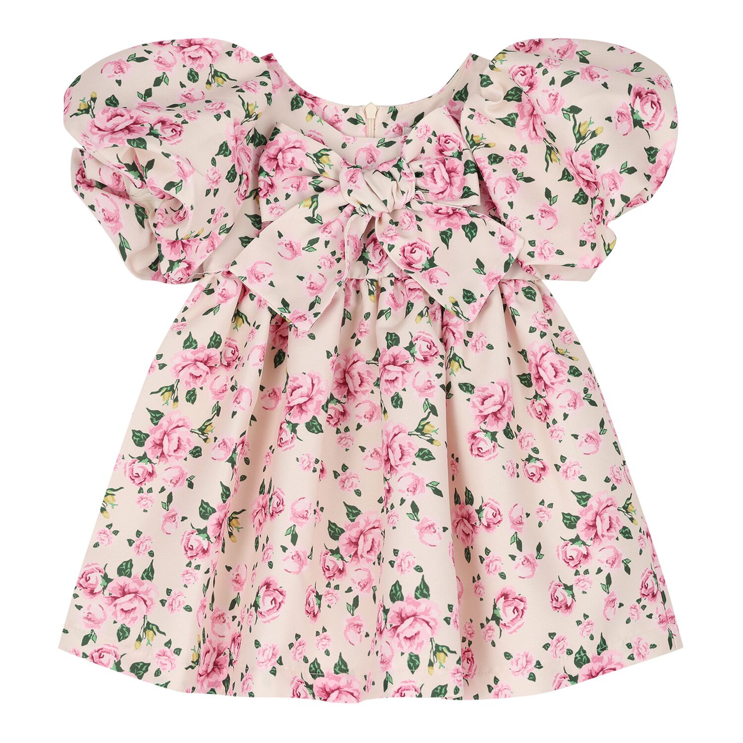 Baby Girls Pink Floral Puff Sleeve Dress, 1, hi-res