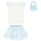 Girls White & Blue Striped Skirt Set, 2, hi-res