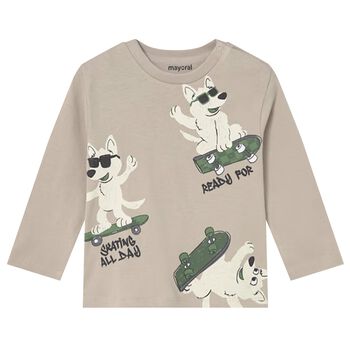 Younger Boys Beige Dogs Long Sleeve Top